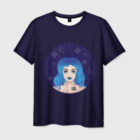Мужская футболка 3D с принтом Абстрактный знак зодиака Водолей девушка с голубыми волосами в Петрозаводске, 100% полиэфир | прямой крой, круглый вырез горловины, длина до линии бедер | 