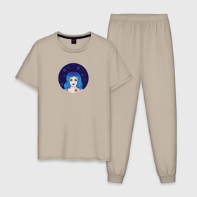 Мужская пижама хлопок с принтом Девушка Водолей с голубыми волосами , 100% хлопок | брюки и футболка прямого кроя, без карманов, на брюках мягкая резинка на поясе и по низу штанин
 | Тематика изображения на принте: 