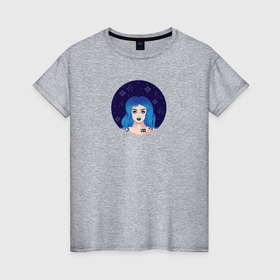 Женская футболка хлопок с принтом Девушка Водолей с голубыми волосами в Тюмени, 100% хлопок | прямой крой, круглый вырез горловины, длина до линии бедер, слегка спущенное плечо | 