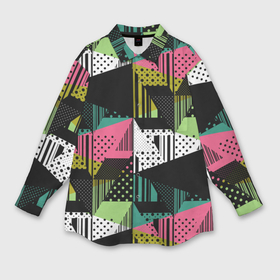 Мужская рубашка oversize 3D с принтом Черный горошек и полосы на ярком геометрическом фоне в Курске,  |  | 