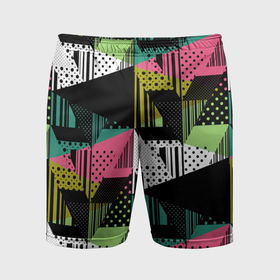 Мужские шорты спортивные с принтом Черный горошек и полосы на ярком геометрическом фоне в Кировске,  |  | 