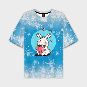 Мужская футболка OVERSIZE 3D с принтом Зайчик с морковками на снежном фоне ,  |  | Тематика изображения на принте: 