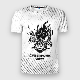 Мужская футболка 3D Slim с принтом Cyberpunk 2077 с потертостями на светлом фоне в Санкт-Петербурге, 100% полиэстер с улучшенными характеристиками | приталенный силуэт, круглая горловина, широкие плечи, сужается к линии бедра | 