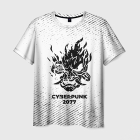 Мужская футболка 3D с принтом Cyberpunk 2077 с потертостями на светлом фоне в Санкт-Петербурге, 100% полиэфир | прямой крой, круглый вырез горловины, длина до линии бедер | 