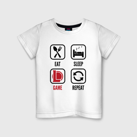 Детская футболка хлопок с принтом Eat   sleep   League of Legends   repeat в Белгороде, 100% хлопок | круглый вырез горловины, полуприлегающий силуэт, длина до линии бедер | Тематика изображения на принте: 