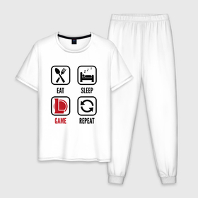 Мужская пижама хлопок с принтом Eat   sleep   League of Legends   repeat в Новосибирске, 100% хлопок | брюки и футболка прямого кроя, без карманов, на брюках мягкая резинка на поясе и по низу штанин
 | Тематика изображения на принте: 