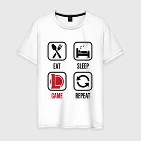 Мужская футболка хлопок с принтом Eat   sleep   League of Legends   repeat в Новосибирске, 100% хлопок | прямой крой, круглый вырез горловины, длина до линии бедер, слегка спущенное плечо. | Тематика изображения на принте: 