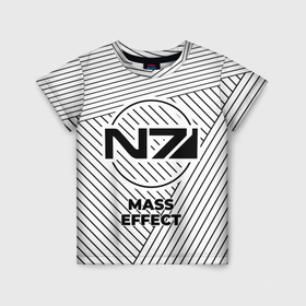 Детская футболка 3D с принтом Символ Mass Effect на светлом фоне с полосами в Новосибирске, 100% гипоаллергенный полиэфир | прямой крой, круглый вырез горловины, длина до линии бедер, чуть спущенное плечо, ткань немного тянется | Тематика изображения на принте: 