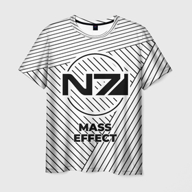 Мужская футболка 3D с принтом Символ Mass Effect на светлом фоне с полосами в Петрозаводске, 100% полиэфир | прямой крой, круглый вырез горловины, длина до линии бедер | 