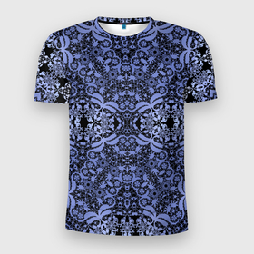 Мужская футболка 3D Slim с принтом Ажурный модный кружевной синий узор в Тюмени, 100% полиэстер с улучшенными характеристиками | приталенный силуэт, круглая горловина, широкие плечи, сужается к линии бедра | Тематика изображения на принте: 