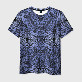Мужская футболка 3D с принтом Ажурный модный кружевной синий узор в Тюмени, 100% полиэфир | прямой крой, круглый вырез горловины, длина до линии бедер | Тематика изображения на принте: 