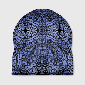 Шапка 3D с принтом Ажурный модный кружевной синий узор в Тюмени, 100% полиэстер | универсальный размер, печать по всей поверхности изделия | Тематика изображения на принте: 