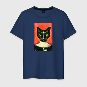 Мужская футболка хлопок с принтом Портрет черной кошки с зеленым камнем в Новосибирске, 100% хлопок | прямой крой, круглый вырез горловины, длина до линии бедер, слегка спущенное плечо. | 