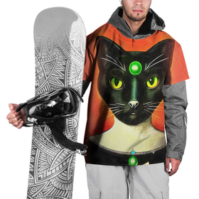 Накидка на куртку 3D с принтом Серьезный черный кот с зеленым камнем , 100% полиэстер |  | Тематика изображения на принте: 