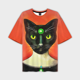Мужская футболка OVERSIZE 3D с принтом Серьезный черный кот с зеленым камнем ,  |  | Тематика изображения на принте: 