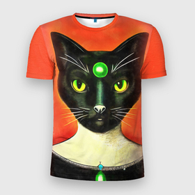Мужская футболка 3D Slim с принтом Серьезный черный кот с зеленым камнем , 100% полиэстер с улучшенными характеристиками | приталенный силуэт, круглая горловина, широкие плечи, сужается к линии бедра | Тематика изображения на принте: 