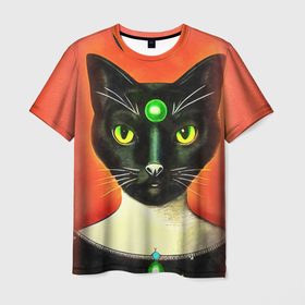 Мужская футболка 3D с принтом Серьезный черный кот с зеленым камнем , 100% полиэфир | прямой крой, круглый вырез горловины, длина до линии бедер | Тематика изображения на принте: 