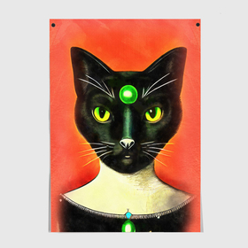 Постер с принтом Серьезный черный кот с зеленым камнем , 100% бумага
 | бумага, плотность 150 мг. Матовая, но за счет высокого коэффициента гладкости имеет небольшой блеск и дает на свету блики, но в отличии от глянцевой бумаги не покрыта лаком | Тематика изображения на принте: 
