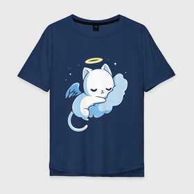 Мужская футболка хлопок Oversize с принтом Котёнок ангелочек спит на облаке в Санкт-Петербурге, 100% хлопок | свободный крой, круглый ворот, “спинка” длиннее передней части | 