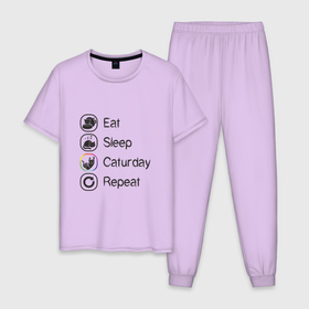 Мужская пижама хлопок с принтом Eat Sleep Caturday в Новосибирске, 100% хлопок | брюки и футболка прямого кроя, без карманов, на брюках мягкая резинка на поясе и по низу штанин
 | 