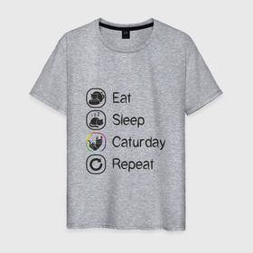 Мужская футболка хлопок с принтом Eat Sleep Caturday в Новосибирске, 100% хлопок | прямой крой, круглый вырез горловины, длина до линии бедер, слегка спущенное плечо. | Тематика изображения на принте: 