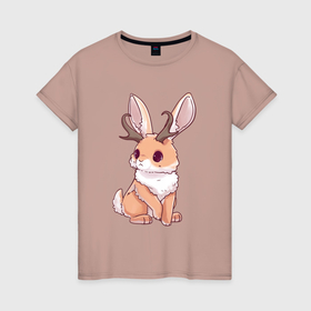 Женская футболка хлопок с принтом Кролик с рожками   кролик олень в Новосибирске, 100% хлопок | прямой крой, круглый вырез горловины, длина до линии бедер, слегка спущенное плечо | 