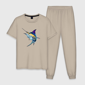 Мужская пижама хлопок с принтом Марлин   спринтер мирового океана в Кировске, 100% хлопок | брюки и футболка прямого кроя, без карманов, на брюках мягкая резинка на поясе и по низу штанин
 | 