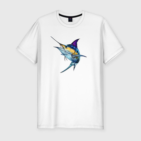 Мужская футболка хлопок Slim с принтом Марлин   спринтер мирового океана в Кировске, 92% хлопок, 8% лайкра | приталенный силуэт, круглый вырез ворота, длина до линии бедра, короткий рукав | 