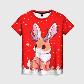 Женская футболка 3D с принтом Кролик олень   кролик с рожками в Белгороде, 100% полиэфир ( синтетическое хлопкоподобное полотно) | прямой крой, круглый вырез горловины, длина до линии бедер | 