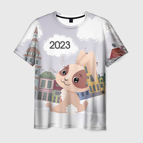 Мужская футболка 3D с принтом Милый  зайчик   2023 в Санкт-Петербурге, 100% полиэфир | прямой крой, круглый вырез горловины, длина до линии бедер | Тематика изображения на принте: 
