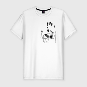 Мужская футболка хлопок Slim с принтом Майкл Джексон   автограф и отпечаток руки в Петрозаводске, 92% хлопок, 8% лайкра | приталенный силуэт, круглый вырез ворота, длина до линии бедра, короткий рукав | 