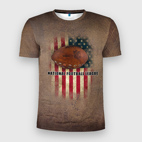 Мужская футболка 3D Slim с принтом Мяч для американского футбола на фоне флага америки , 100% полиэстер с улучшенными характеристиками | приталенный силуэт, круглая горловина, широкие плечи, сужается к линии бедра | 