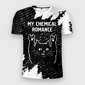 Мужская футболка 3D Slim с принтом Группа My Chemical Romance и рок кот в Петрозаводске, 100% полиэстер с улучшенными характеристиками | приталенный силуэт, круглая горловина, широкие плечи, сужается к линии бедра | Тематика изображения на принте: 