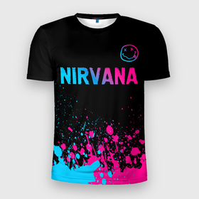 Мужская футболка 3D Slim с принтом Nirvana   neon gradient: символ сверху в Тюмени, 100% полиэстер с улучшенными характеристиками | приталенный силуэт, круглая горловина, широкие плечи, сужается к линии бедра | Тематика изображения на принте: 