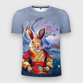 Мужская футболка 3D Slim с принтом Кролик в китайском халате , 100% полиэстер с улучшенными характеристиками | приталенный силуэт, круглая горловина, широкие плечи, сужается к линии бедра | 