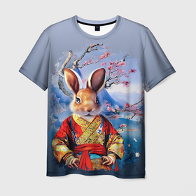 Мужская футболка 3D с принтом Кролик в китайском халате в Санкт-Петербурге, 100% полиэфир | прямой крой, круглый вырез горловины, длина до линии бедер | 