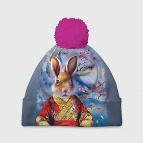 Шапка 3D c помпоном с принтом Кролик в китайском халате , 100% полиэстер | универсальный размер, печать по всей поверхности изделия | 
