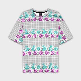 Мужская футболка OVERSIZE 3D с принтом Цветочный узор бирюзово розовый на сером клетчатом фоне в Белгороде,  |  | 