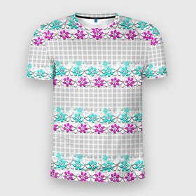 Мужская футболка 3D Slim с принтом Цветочный узор бирюзово розовый на сером клетчатом фоне в Белгороде, 100% полиэстер с улучшенными характеристиками | приталенный силуэт, круглая горловина, широкие плечи, сужается к линии бедра | 