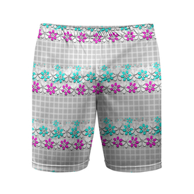 Мужские шорты спортивные с принтом Цветочный узор бирюзово розовый на сером клетчатом фоне в Тюмени,  |  | Тематика изображения на принте: 