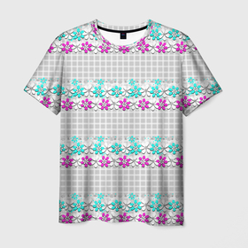 Мужская футболка 3D с принтом Цветочный узор бирюзово розовый на сером клетчатом фоне в Екатеринбурге, 100% полиэфир | прямой крой, круглый вырез горловины, длина до линии бедер | 