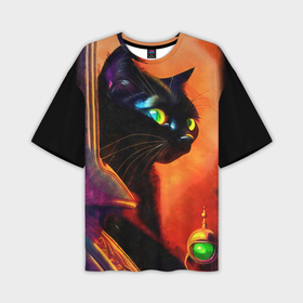 Мужская футболка OVERSIZE 3D с принтом Любопытный черный кот с большими желтыми глазами заглядывает за угол в Тюмени,  |  | Тематика изображения на принте: 