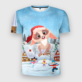 Мужская футболка 3D Slim с принтом Счастливый  новогодний зайчик в Белгороде, 100% полиэстер с улучшенными характеристиками | приталенный силуэт, круглая горловина, широкие плечи, сужается к линии бедра | Тематика изображения на принте: 