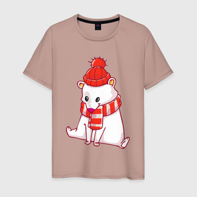 Мужская футболка хлопок с принтом Белый мишка    новый год в Курске, 100% хлопок | прямой крой, круглый вырез горловины, длина до линии бедер, слегка спущенное плечо. | Тематика изображения на принте: 