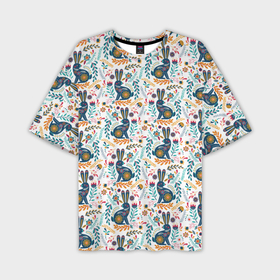 Мужская футболка OVERSIZE 3D с принтом Новогодний паттерн   Кролики и веточки ,  |  | Тематика изображения на принте: 