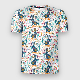 Мужская футболка 3D Slim с принтом Новогодний паттерн   Кролики и веточки в Тюмени, 100% полиэстер с улучшенными характеристиками | приталенный силуэт, круглая горловина, широкие плечи, сужается к линии бедра | 