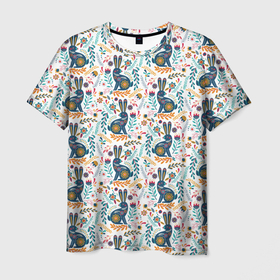 Мужская футболка 3D с принтом Новогодний паттерн   Кролики и веточки в Курске, 100% полиэфир | прямой крой, круглый вырез горловины, длина до линии бедер | 