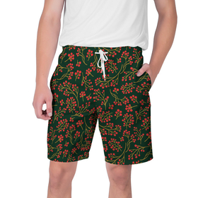 Мужские шорты 3D с принтом Красные ягоды на темно зеленом фоне в Санкт-Петербурге,  полиэстер 100% | прямой крой, два кармана без застежек по бокам. Мягкая трикотажная резинка на поясе, внутри которой широкие завязки. Длина чуть выше колен | 
