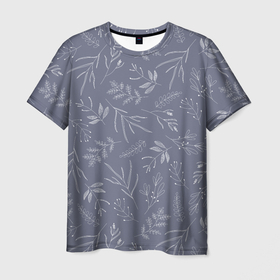 Мужская футболка 3D с принтом Минималистичный растительный узор на серо голубом фоне в Кировске, 100% полиэфир | прямой крой, круглый вырез горловины, длина до линии бедер | 