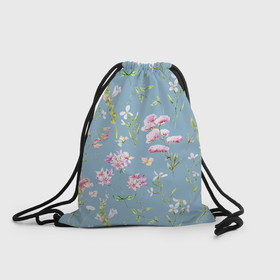 Рюкзак-мешок 3D с принтом Акварельные розовые цветы на голубом фоне в Новосибирске, 100% полиэстер | плотность ткани — 200 г/м2, размер — 35 х 45 см; лямки — толстые шнурки, застежка на шнуровке, без карманов и подкладки | 
